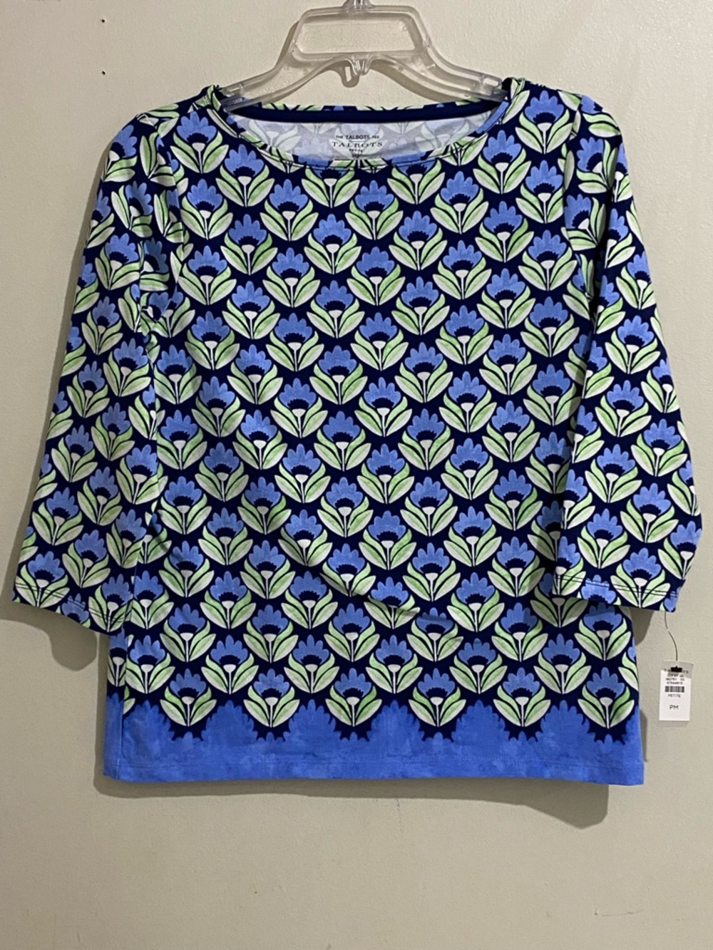 Talbots Navy Blue Green Floral Patterned 3/4 Sleeve Tee Top Petite Mp